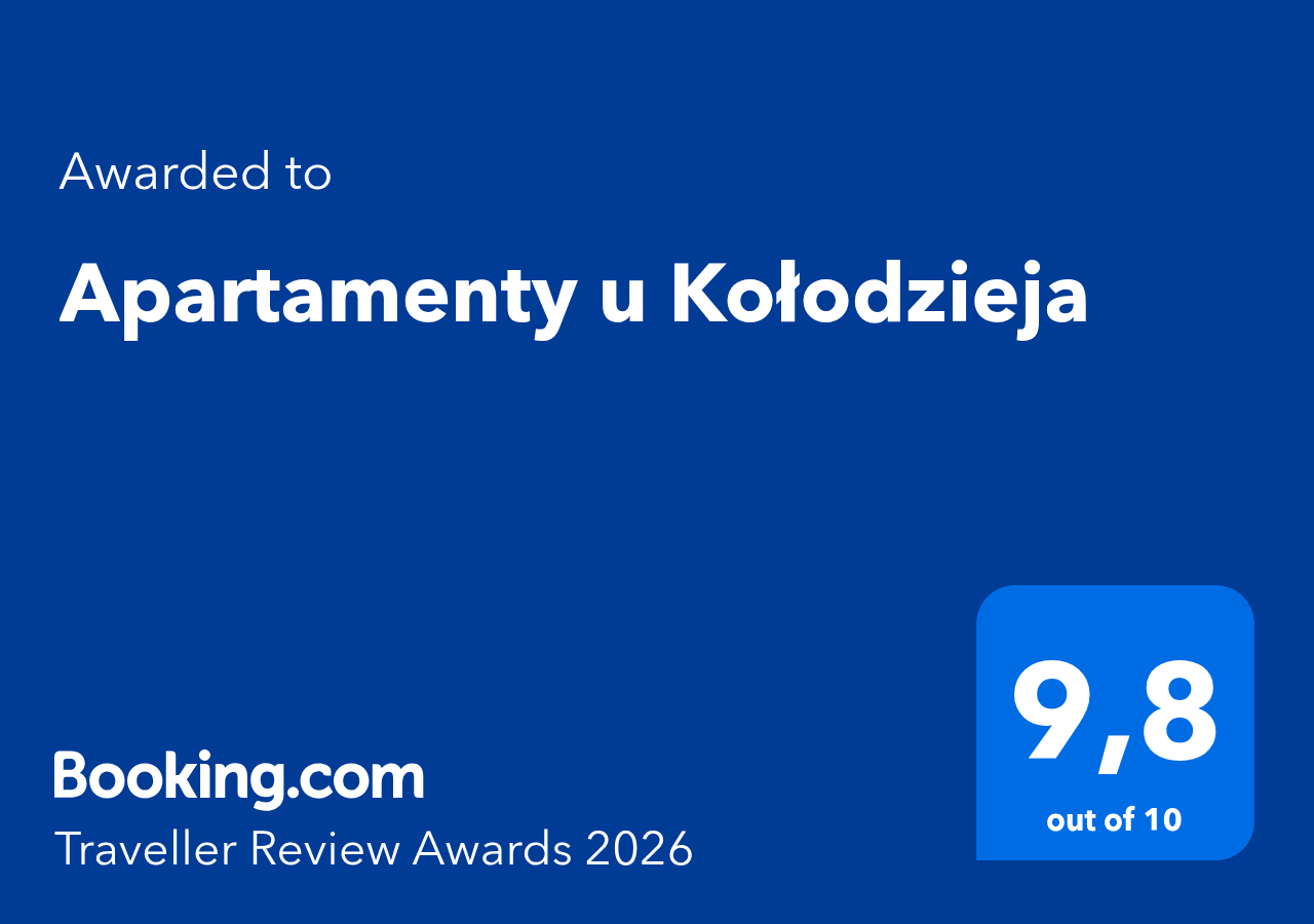 Booking.com Traveller Review Awards 2026 dla Apartamentów U Kołodzieja — ocena 9,8 na 10